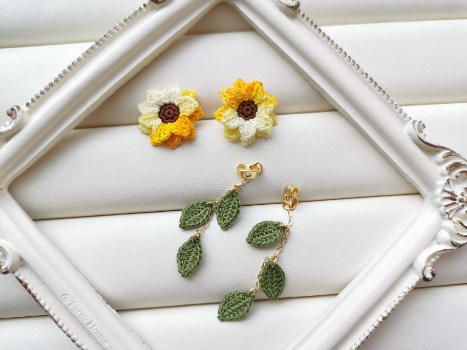 Sunflower Crochet Earrings & Rings - Handmade Lace Thread Micro Crochet Floral Ear Hooks, Studs, Dainty Rings - Hypoallergenic Flower Jewelry, Gift for Women, Boho Chic Accessories
