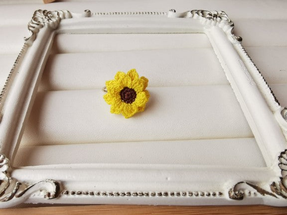 Sunflower Crochet Earrings & Rings - Handmade Lace Thread Micro Crochet Floral Ear Hooks, Studs, Dainty Rings - Hypoallergenic Flower Jewelry, Gift for Women, Boho Chic Accessories