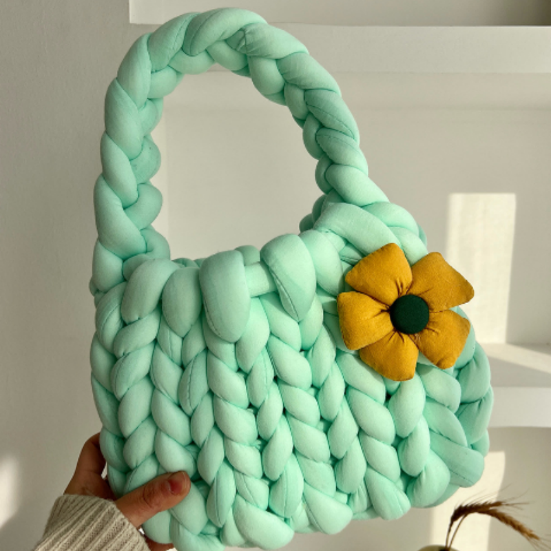 Handmade Crochet Tote Bag - Dopamine Flower Iceland Wool - Cute Women's Purse in 9 Colors: Cream, Avocado Green, Cherry Pink, Light Blue, Pink, Purple, Mint Green, White, Black
