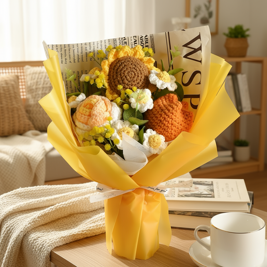 Bouquet of knitted sunflowers and flowers with a newspaper wrap on a textured surface.