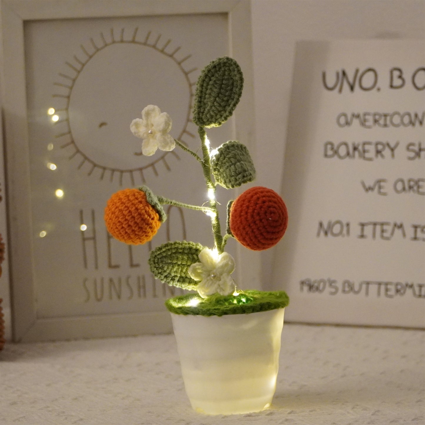 手工鉤針柿子盆栽 - 擬真果實造型 - 獨特居家裝飾 - 植物愛好者完美禮物 - 匠心手作工藝