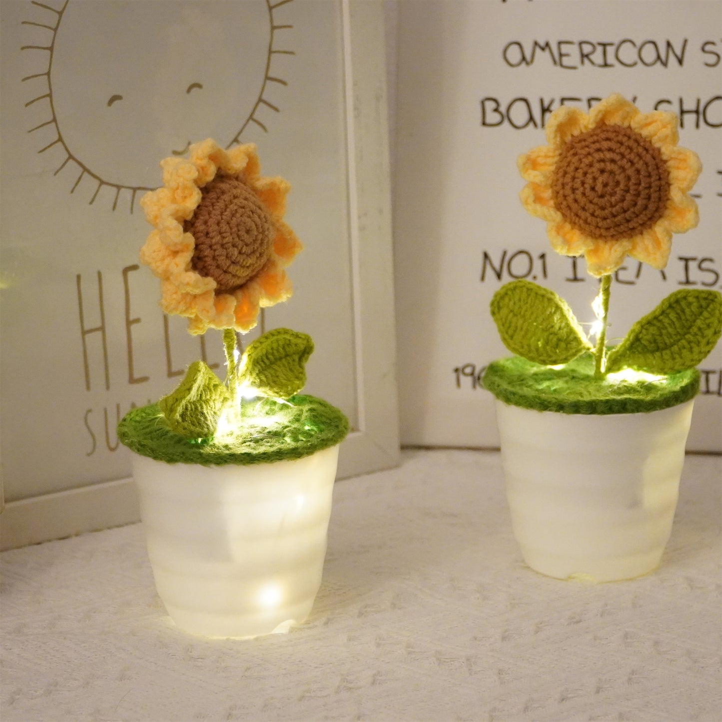 手工鉤針向日葵盆栽 - 擬真仿真花 - 獨特居家裝飾 - 植物愛好者完美禮物 - 匠心手作工藝