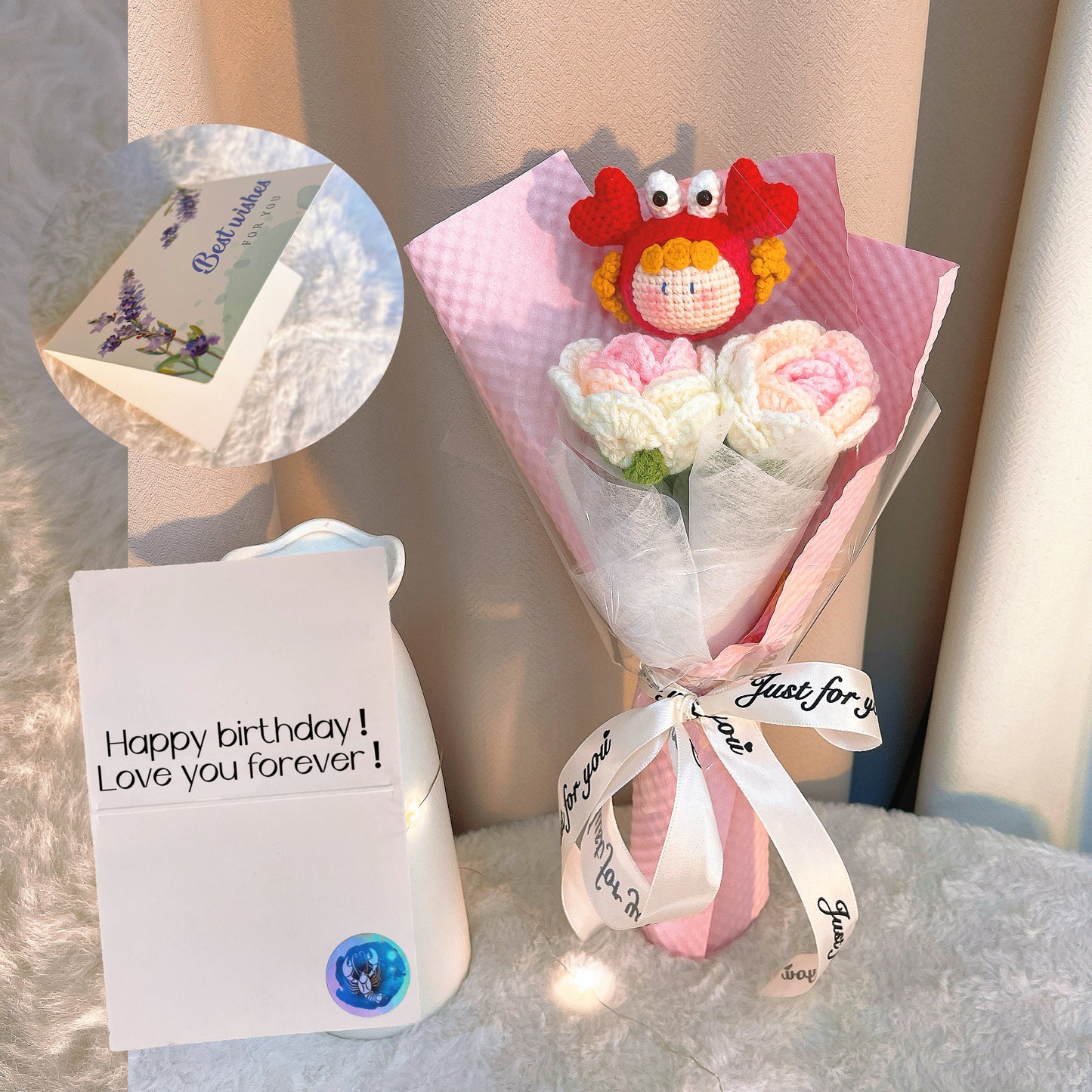 Crochet Cancer Zodiac Bouquet - Handmade Pink Roses & Plush Crab Doll - Hypoallergenic Floral Gift for Birthdays, Mother's Day - Allergy-Free Fabric Flowers