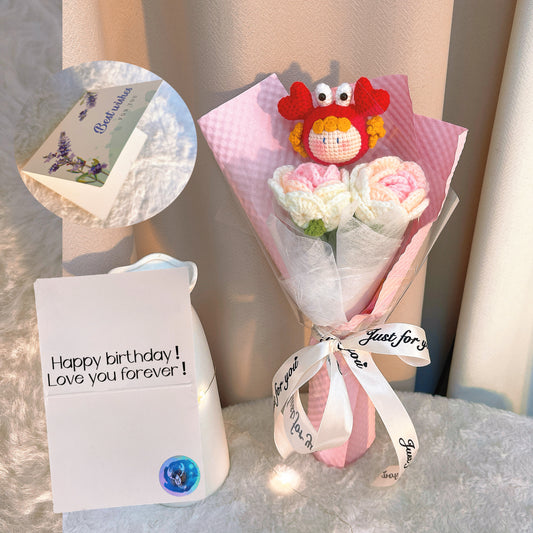 Crochet Cancer Zodiac Bouquet - Handmade Pink Roses & Plush Crab Doll - Hypoallergenic Floral Gift for Birthdays, Mother's Day - Allergy-Free Fabric Flowers