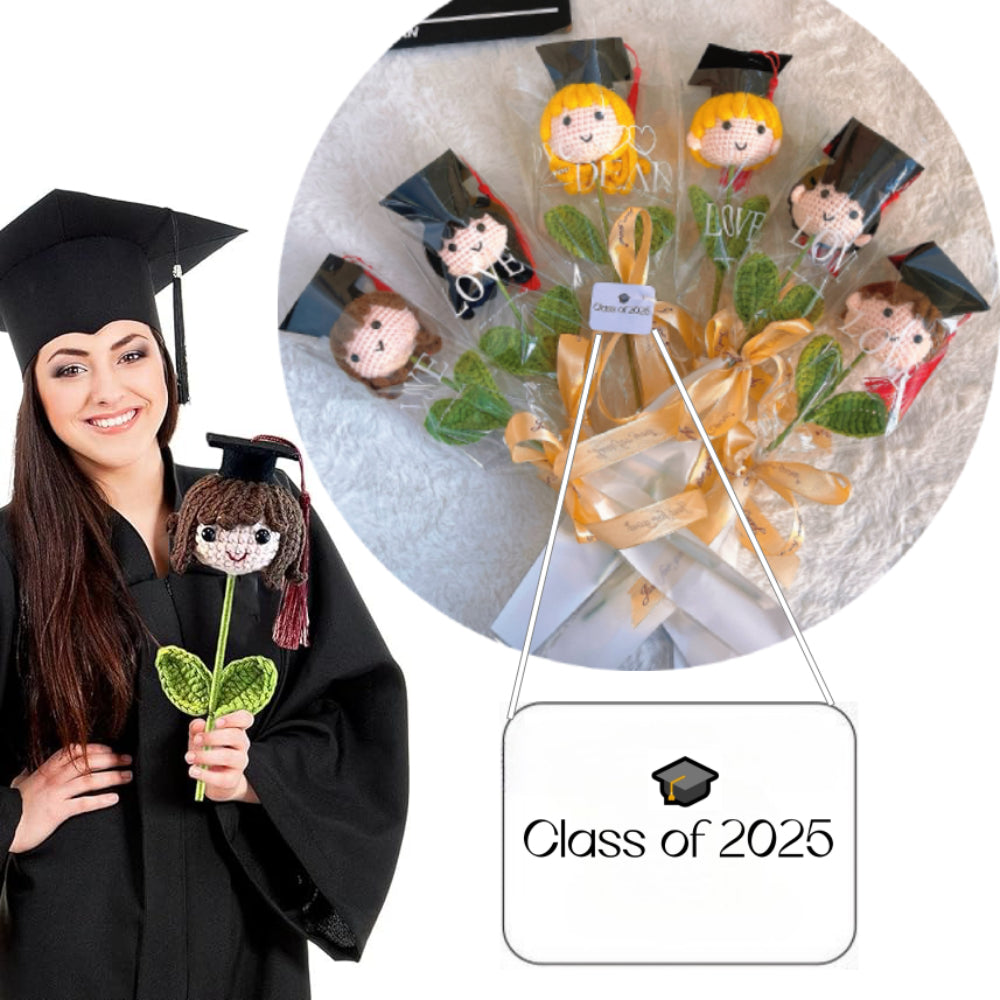 客製化鉤針編織畢業娃娃小花束 - 為畢業生打造的可客製化文字搭配3種髮色、可客製化「2025屆」卡片、透明包裝與緞帶 - 低敏畢業禮物、適合感謝師恩及校園活動