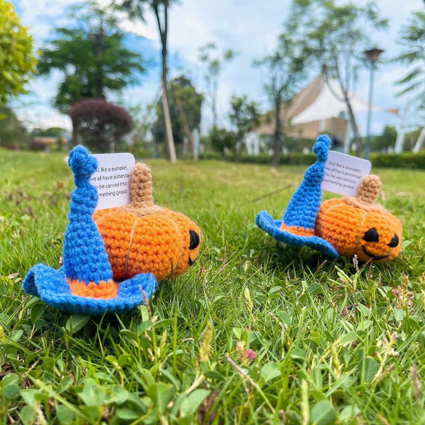 Inspirational Support Plushie Pumpkin with Wizard Hat - Yarn Crochet Indoor for Halloween, Fall, Thanksgiving Figurine, Vintage Decoration