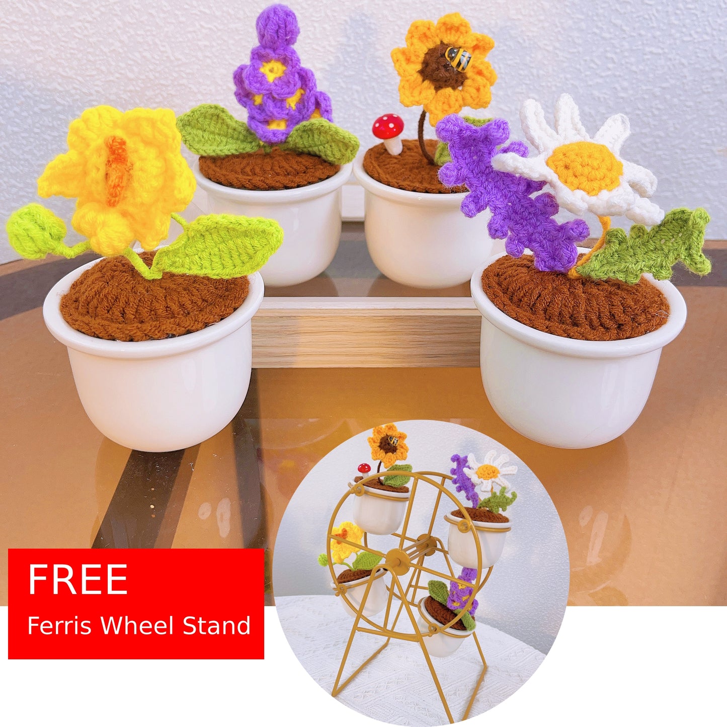 Hand-Crafted Crochet Flower Pot Set with Ferris Wheel, Ceramic Pot, Sunflower, Lavender, Radish, Roman Chamomile, Home Decoration, Deskspace Decor