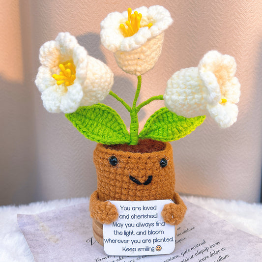 手作鉤織|五月生日花、鈴蘭盆栽、客製化訊息卡片座|不過敏、永恆禮物、母親節、送禮