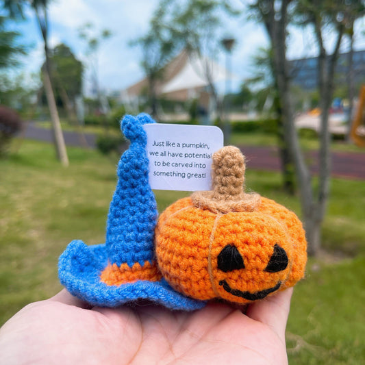 Inspirational Support Plushie Pumpkin with Wizard Hat - Yarn Crochet Indoor for Halloween, Fall, Thanksgiving Figurine, Vintage Decoration