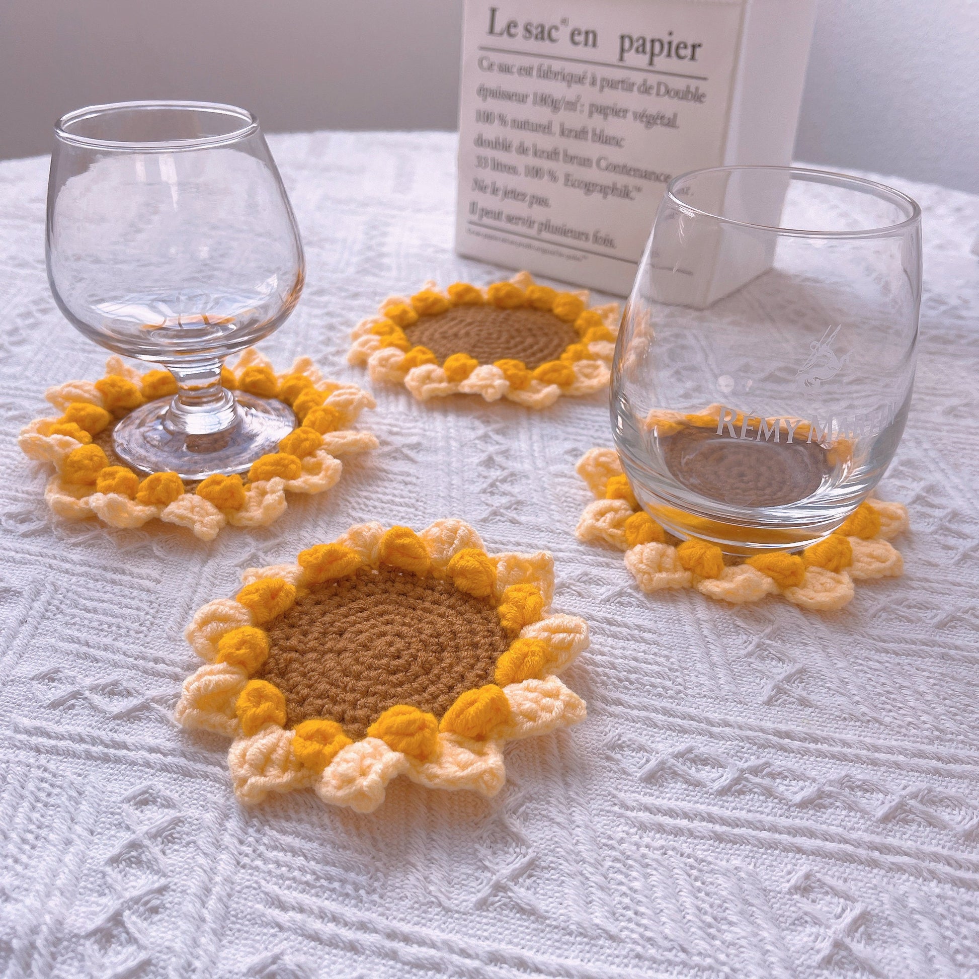Handmade Crochet Sunflower Coaster in a Basket Set - Drink Mats, Table Protection, Kitchen Accessories, Housewarming Gift, Coasters Pot