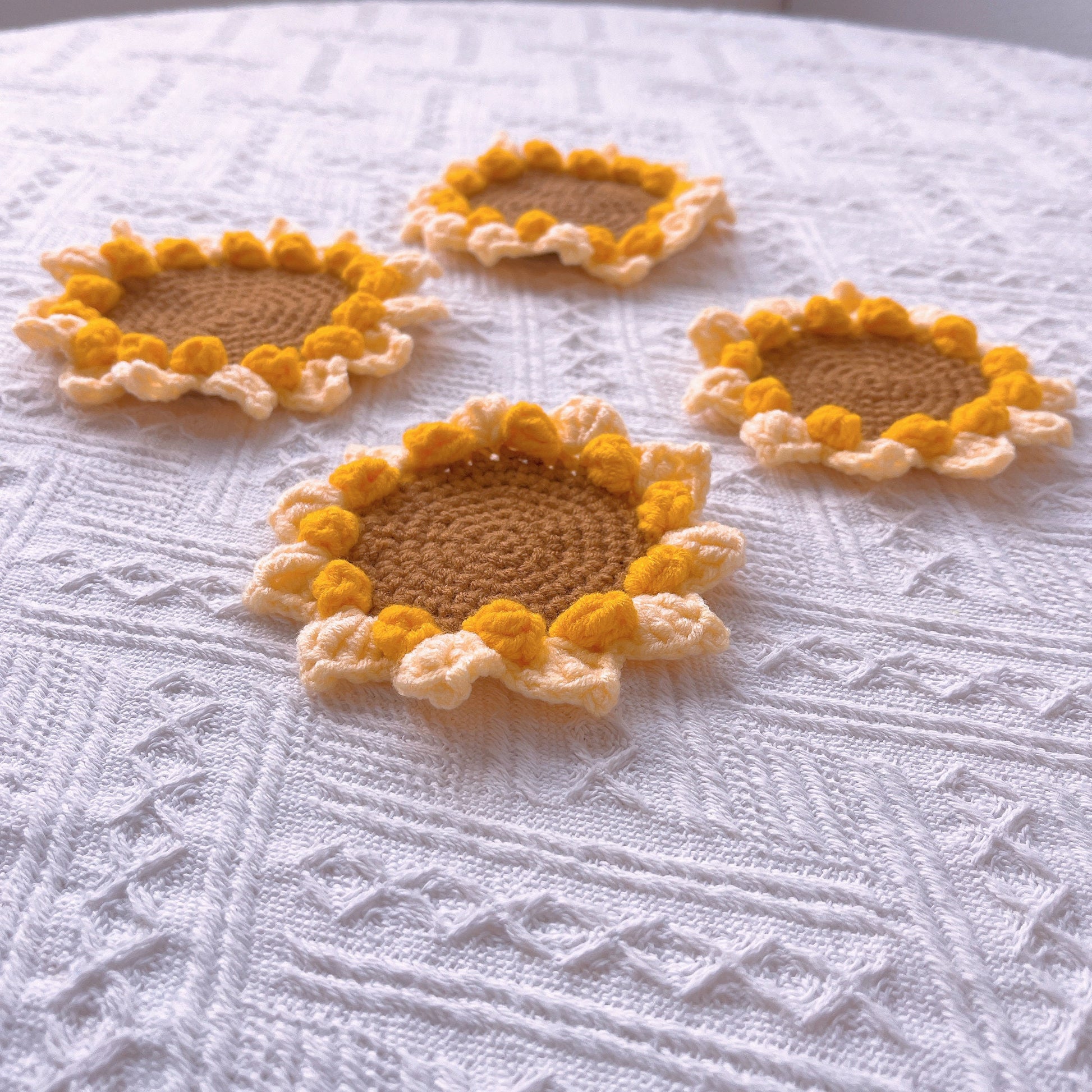 Handmade Crochet Sunflower Coaster in a Basket Set - Drink Mats, Table Protection, Kitchen Accessories, Housewarming Gift, Coasters Pot