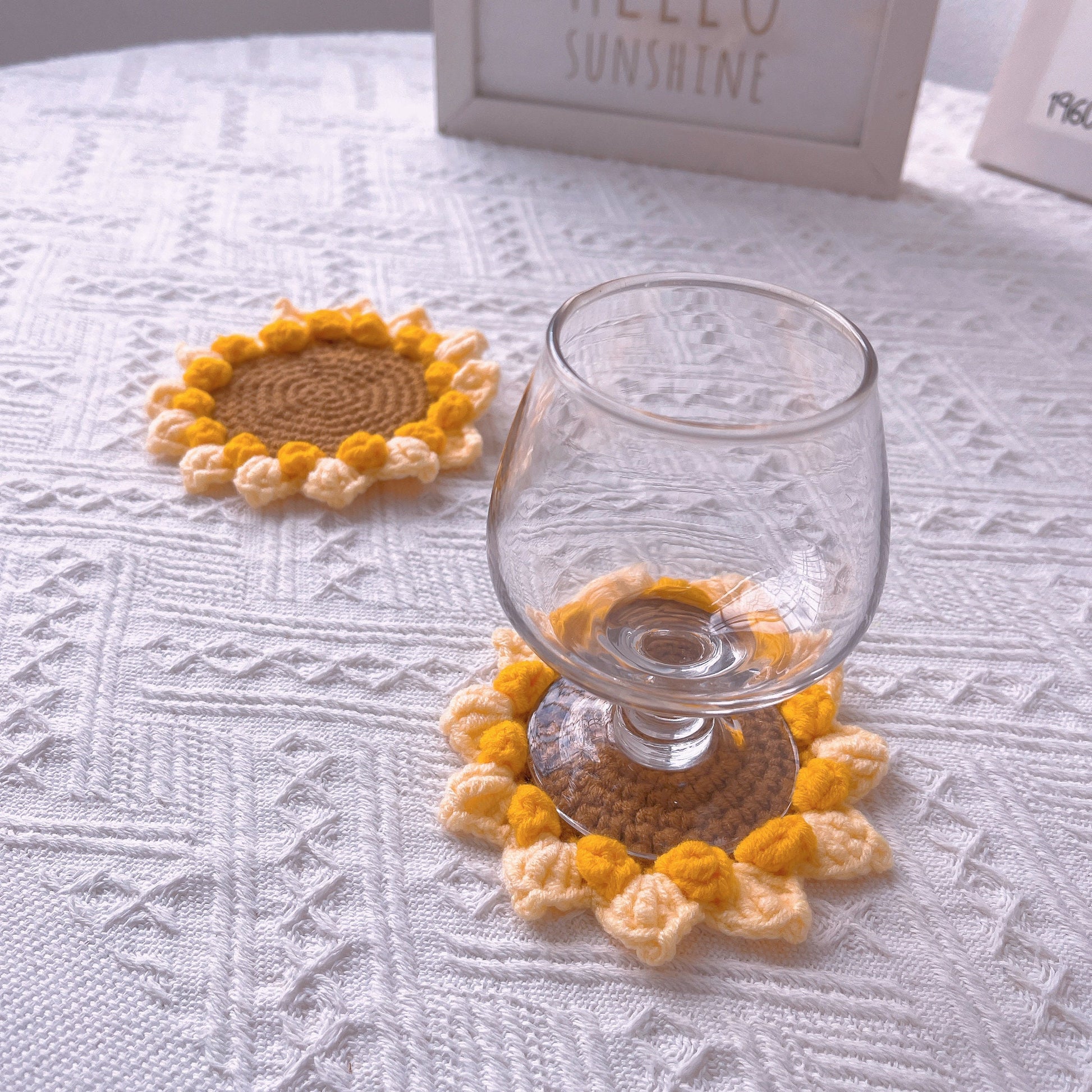 Handmade Crochet Sunflower Coaster in a Basket Set - Drink Mats, Table Protection, Kitchen Accessories, Housewarming Gift, Coasters Pot