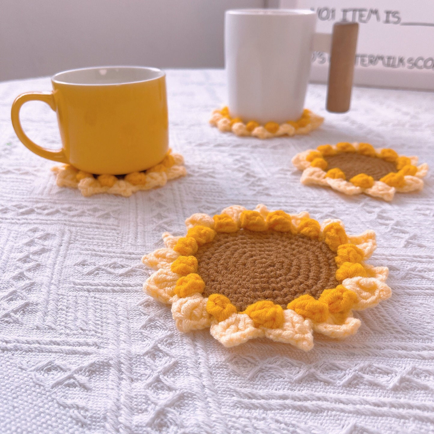 Handmade Crochet Sunflower Coaster in a Basket Set - Drink Mats, Table Protection, Kitchen Accessories, Housewarming Gift, Coasters Pot