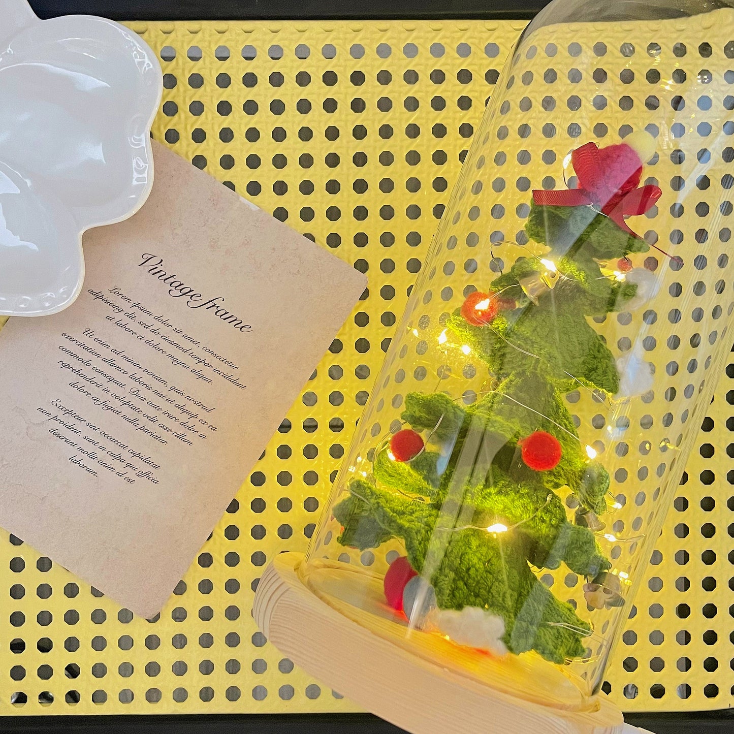 Christmas Pine Tree Crochet, LED Light, Glass Dome, Stake, Yarn Handmade Indoor Decoration, Xmas July, Holiday Festive, Centerpiece, Fathers