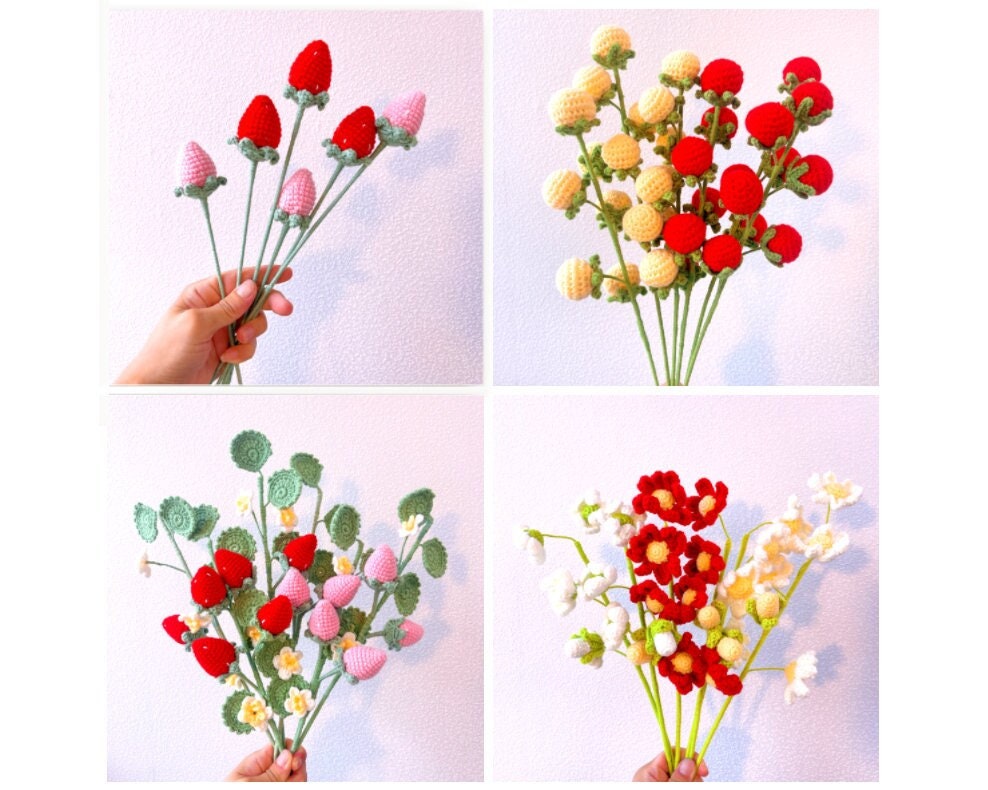 Whimsical Crochet Flower Stakes Collection for Enchanting Garden Decor - Strawberry, Tomato Vine, Giant Chrysanthemum Design - Gardeners