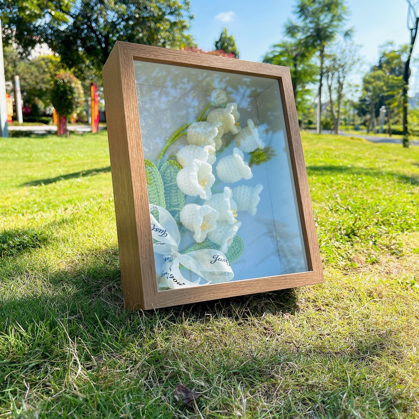 Handmade Lily of the Valley Crochet in Photo Frame - Wooden Wall Decor, Tabletop Display, Unique Wedding Gift, Anniversary, Mother's Day