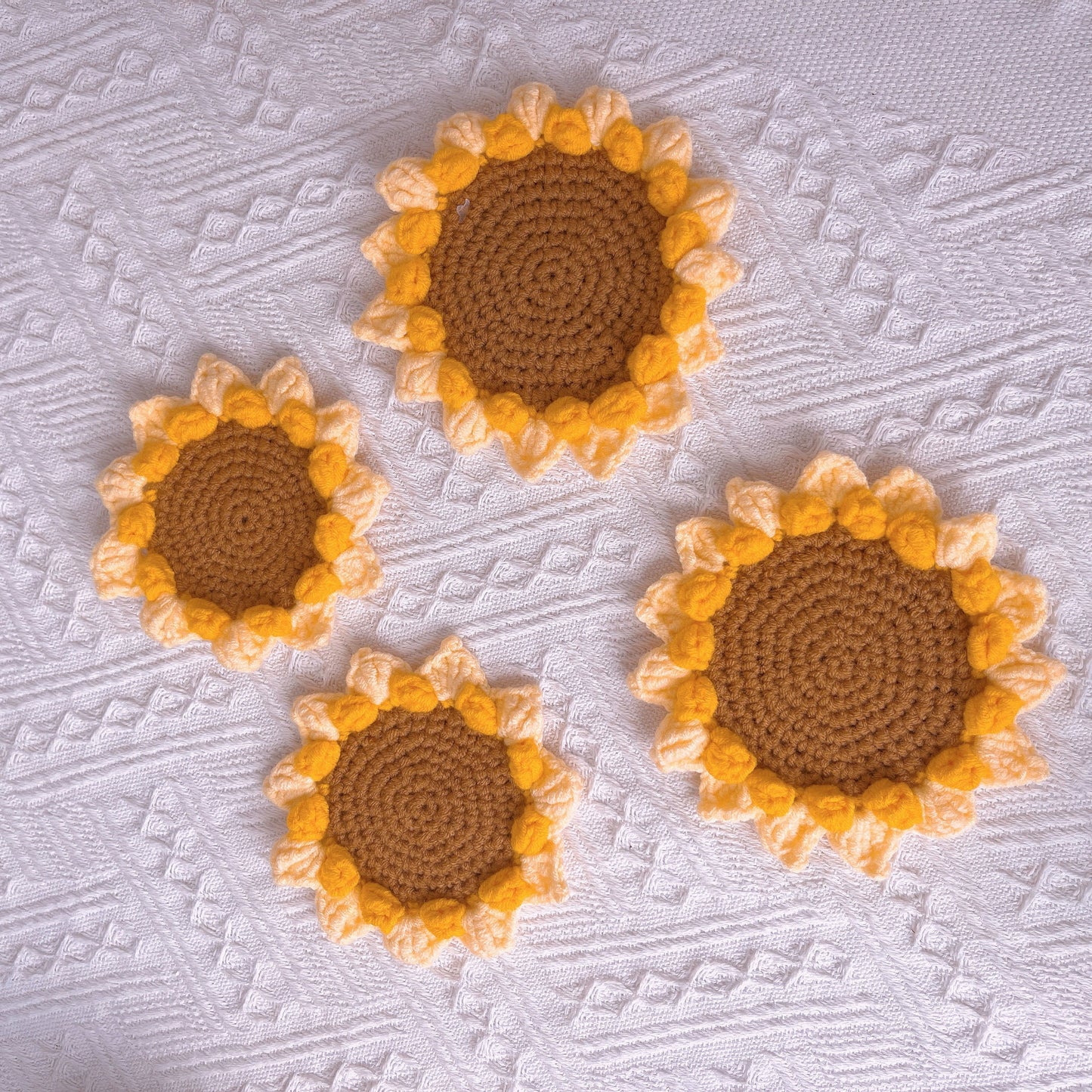 Handmade Crochet Sunflower Coaster in a Basket Set - Drink Mats, Table Protection, Kitchen Accessories, Housewarming Gift, Coasters Pot