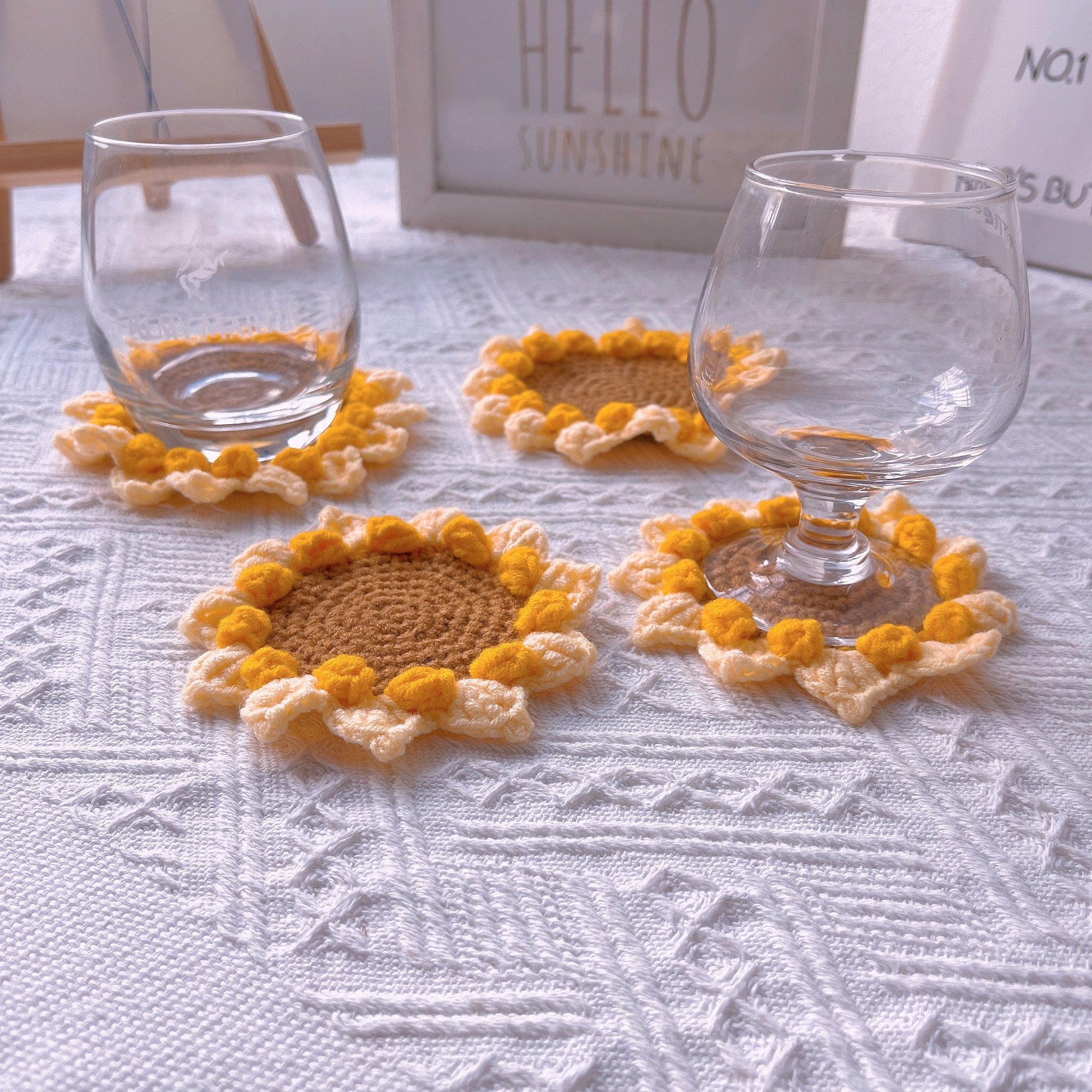 Handmade Crochet Sunflower Coaster in a Basket Set - Drink Mats, Table Protection, Kitchen Accessories, Housewarming Gift, Coasters Pot