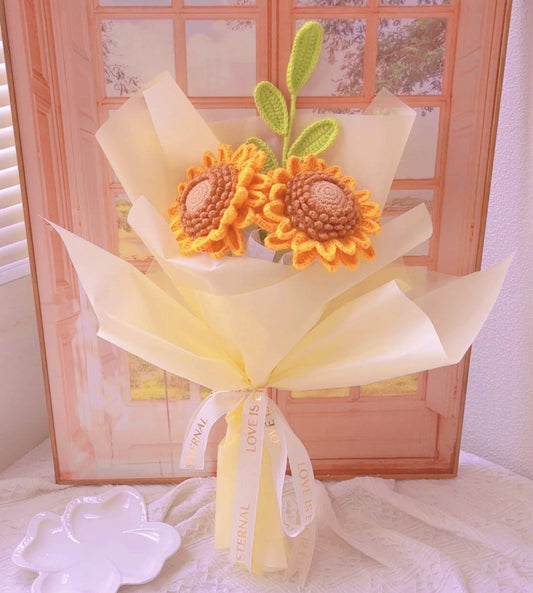 Beautifully Crafted Handmade Crochet Sunflowers with Lush Green Leaf Mini Bouquet - Perfect for Wedding, Birthday, Anniversaries and Gifting