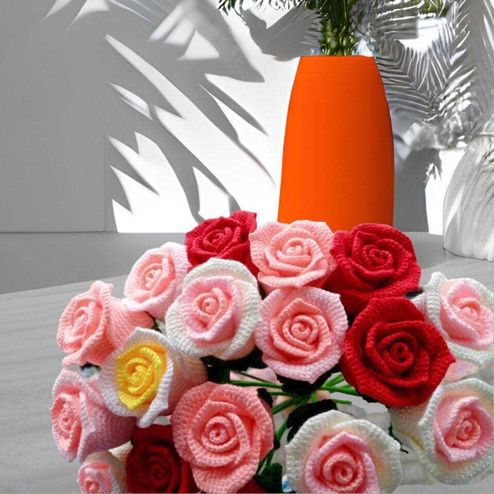 Handmade Crochet Cup Shape Roses - Yarn Crafted, Home Decor, Gift Idea, Unique and Elegant, Symbolic Flower, Fathers Day Gifts from Daughter
