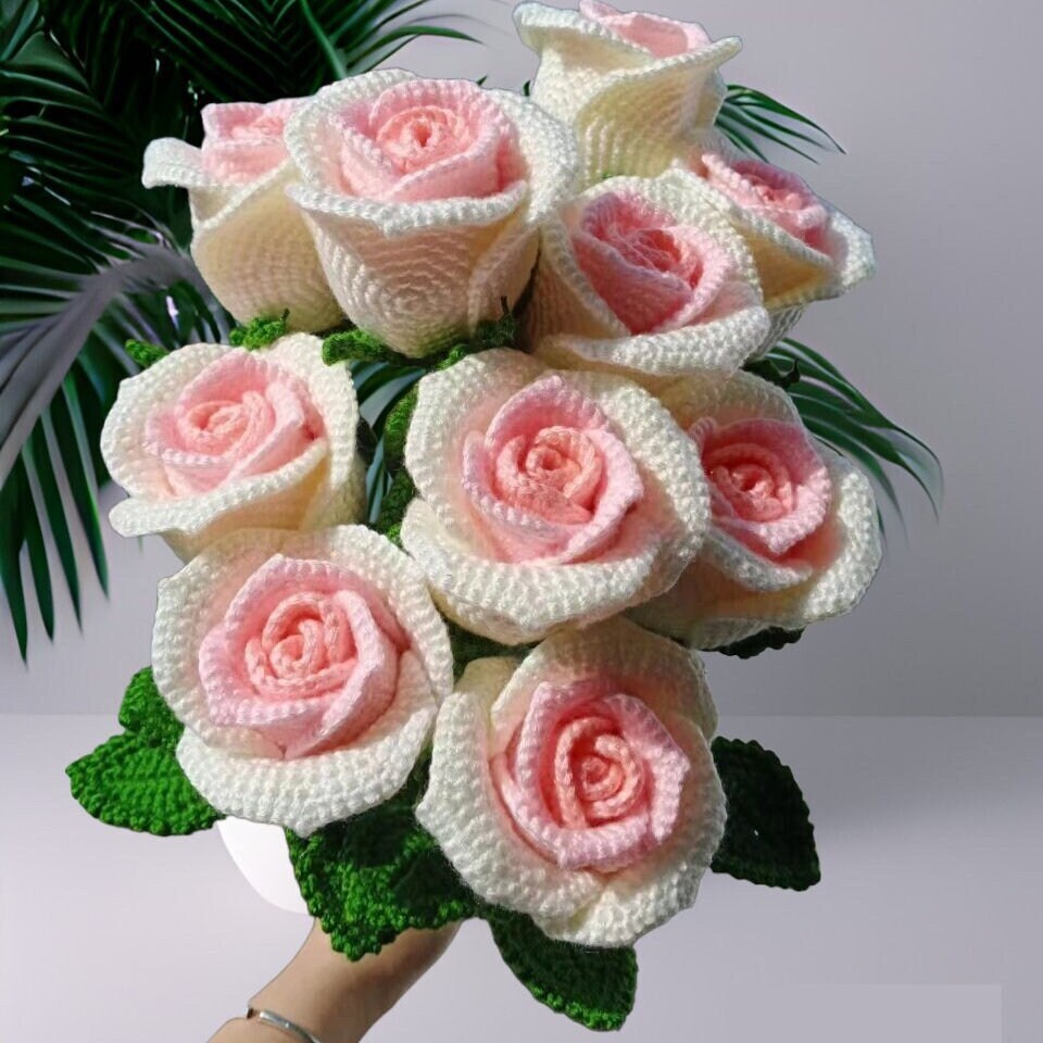 Handmade Crochet Cup Shape Roses - Yarn Crafted, Home Decor, Gift Idea, Unique and Elegant, Symbolic Flower, Fathers Day Gifts from Daughter