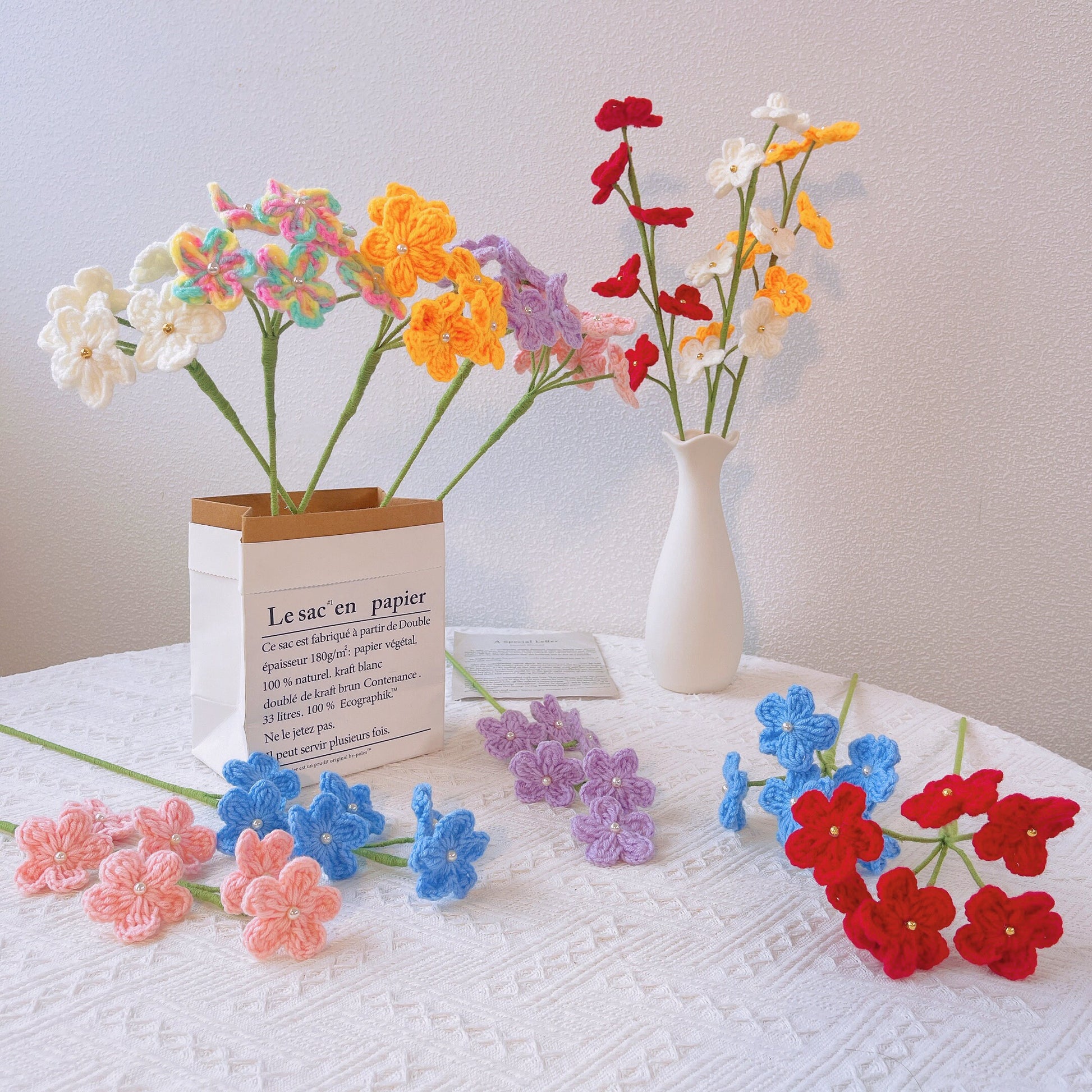 Crochet Forget-me-not Knitted Flowers - Bouquet Arrangement, Flowers for Vase, Table Decor, Centerpiece, Wedding Decoration, Unique Decor