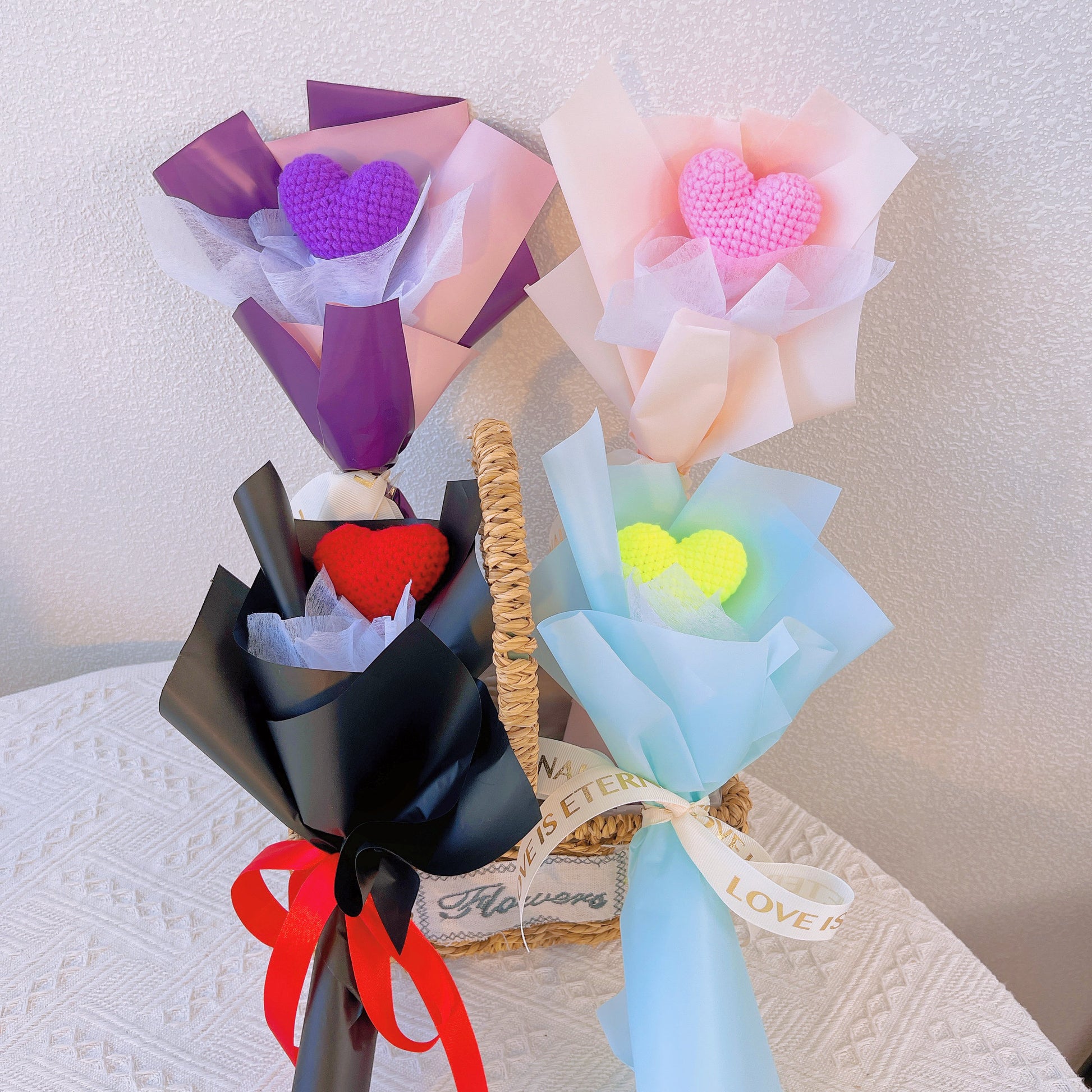 Handmade Crochet Heats Wrapped Bouquet - Valentine's Day Gift, Birthday Gifts for Girlfriend, Anniversary, Gift for Wife, Eternal Flower