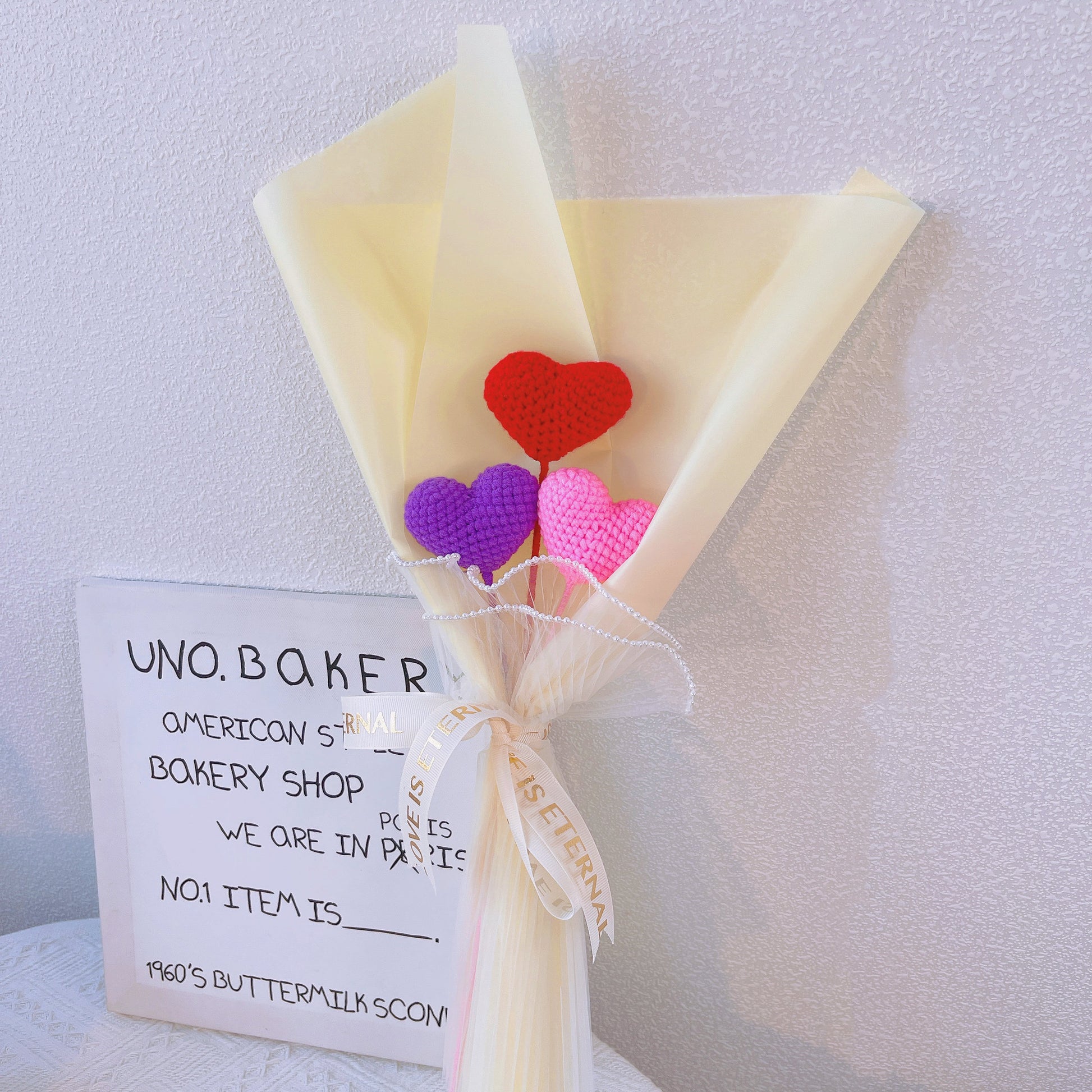 Handmade Crochet Heats Wrapped Bouquet - Valentine's Day Gift, Birthday Gifts for Girlfriend, Anniversary, Gift for Wife, Eternal Flower