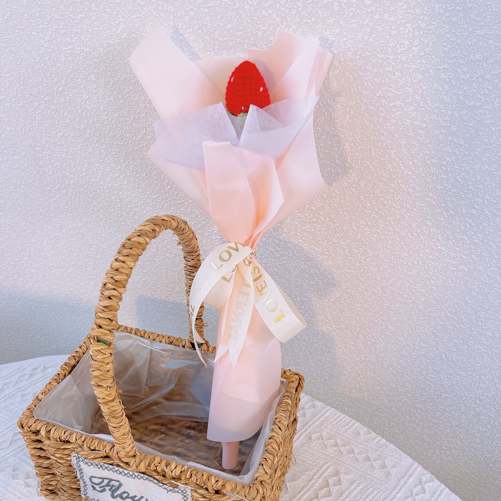 Handmade Crochet Strawberry Wrapped Bouquet - Valentine's Day Gift, Birthday Gifts for Girlfriend, Anniversary, Gift for Wife, Special Gift