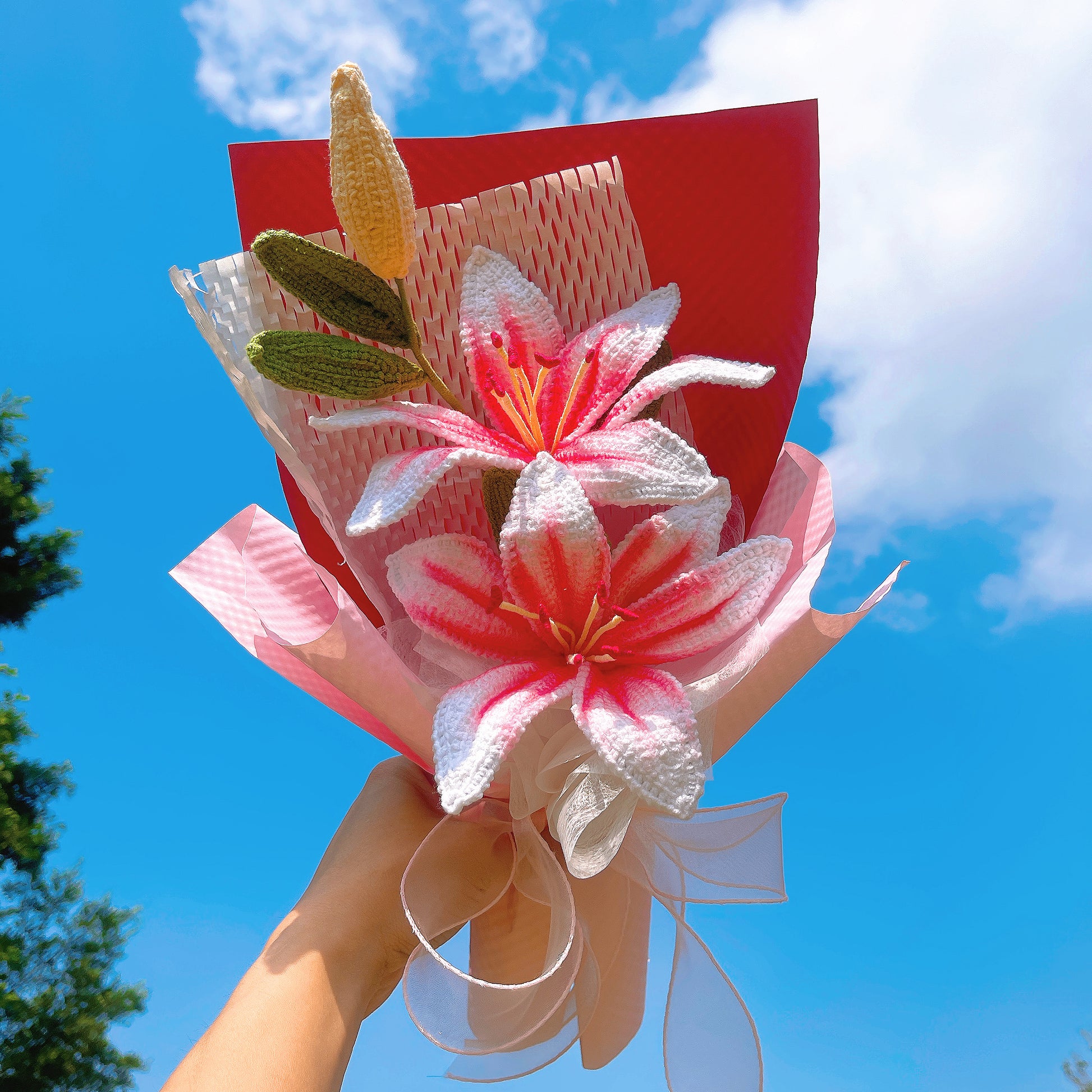 Crochet Double-Headed Lily Bouquet, Handmade Flower Home Decor, Allergy-Free Gift for Her Mom Wife, Birthday Anniversary Get Well Soon - The Bloom Crafter