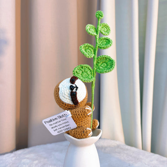 Crochet Sloth Plushie - White Face & Light Brown Body Sloth with Flower Bouquet Accessory, Hypoallergenic Gift for Animal Lovers, Baby Shower, Birthday, Christmas Decoration