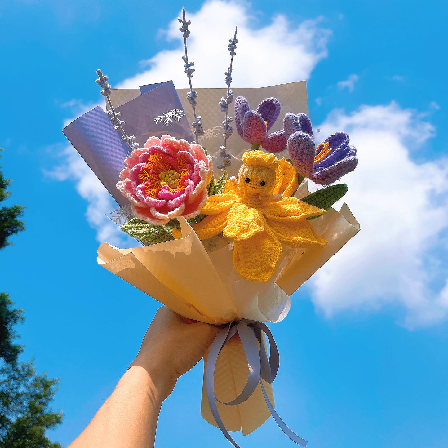 Crochet Bouquet with Transforming Fairy Princess Tulip, Handmade Flower Pink Peony Lavender Freesia Purple Tulip Yellow Dress Lady Flower, Allergy-Free Gift for Her Daughter Niece, Birthday Valentine's Day - The Bloom Crafter