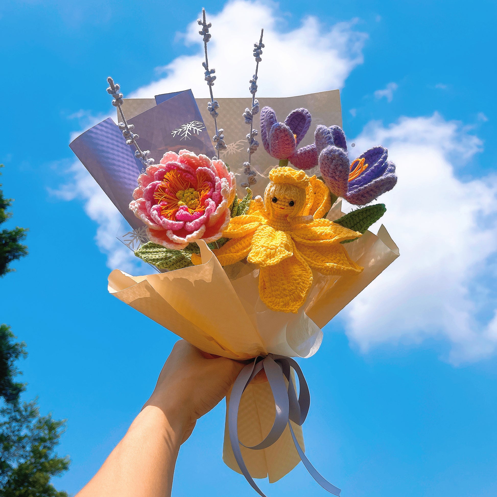 Crochet Bouquet with Transforming Fairy Princess Tulip, Handmade Flower Pink Peony Lavender Freesia Purple Tulip Yellow Dress Lady Flower, Allergy-Free Gift for Her Daughter Niece, Birthday Valentine's Day - The Bloom Crafter