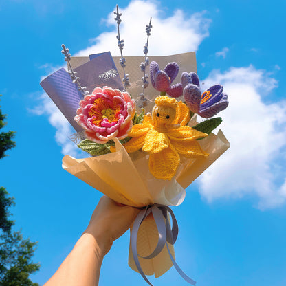 Crochet Bouquet with Transforming Fairy Princess Tulip, Handmade Flower Pink Peony Lavender Freesia Purple Tulip Yellow Dress Lady Flower, Allergy-Free Gift for Her Daughter Niece, Birthday Valentine's Day - The Bloom Crafter