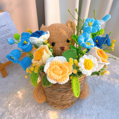 Teddy Bear Flower Bucket Bouquet – Handmade Crochet Floral Arrangement with Lily of The Valley Roses Daisies Morning Glory – Hypoallergenic Gift for Graduation, Valentine’s Day, Mother’s Day, Wedding, Birthday