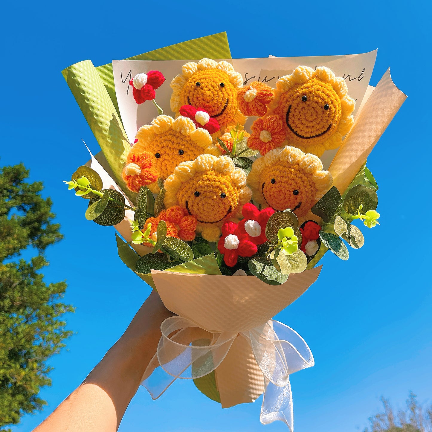 Smiling Sunflowers Crochet Flower Bouquet - Forever Blooming Artificial Flowers for Home Decor, Gift for Birthday, Wedding, Anniversary, Mother’s Day, Valentine’s Day, Get Well Soon