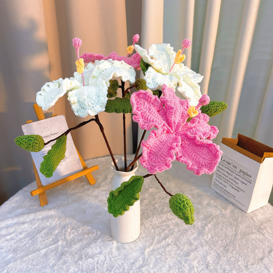 Hand Crochet Hibiscus Flower - Realistic Pink & White Artificial Hibiscus with Leaves & Bud, Hypoallergenic Floral Stems for Bouquets, Wedding Decor, Tropical Theme Party, Home Arrangements