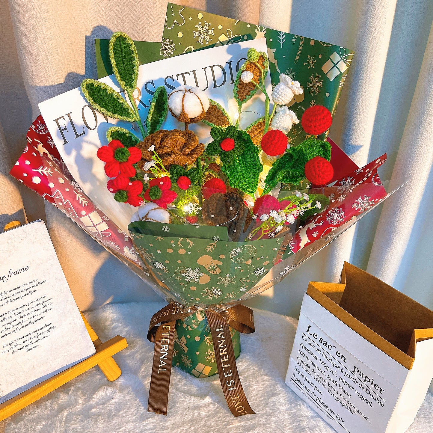 Christmas Crochet Flower Bouquet with LED Lights - Handmade Amigurumi Holiday Arrangement Featuring Poinsettia, Roses, Eucalyptus, Baby's Breath, and Cotton - Allergy-Free Forever Blooms for Christmas Decor, Gift, or Home Decor