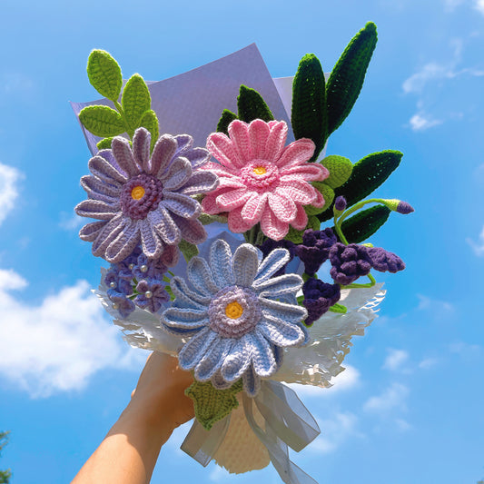 Handmade Crochet Purple African Daisies Wildflower Bouquet, Home Decor, Allergy-Free Gift for Her Mom Friend, Birthday Sympathy Thinking of You - The Bloom Crafter