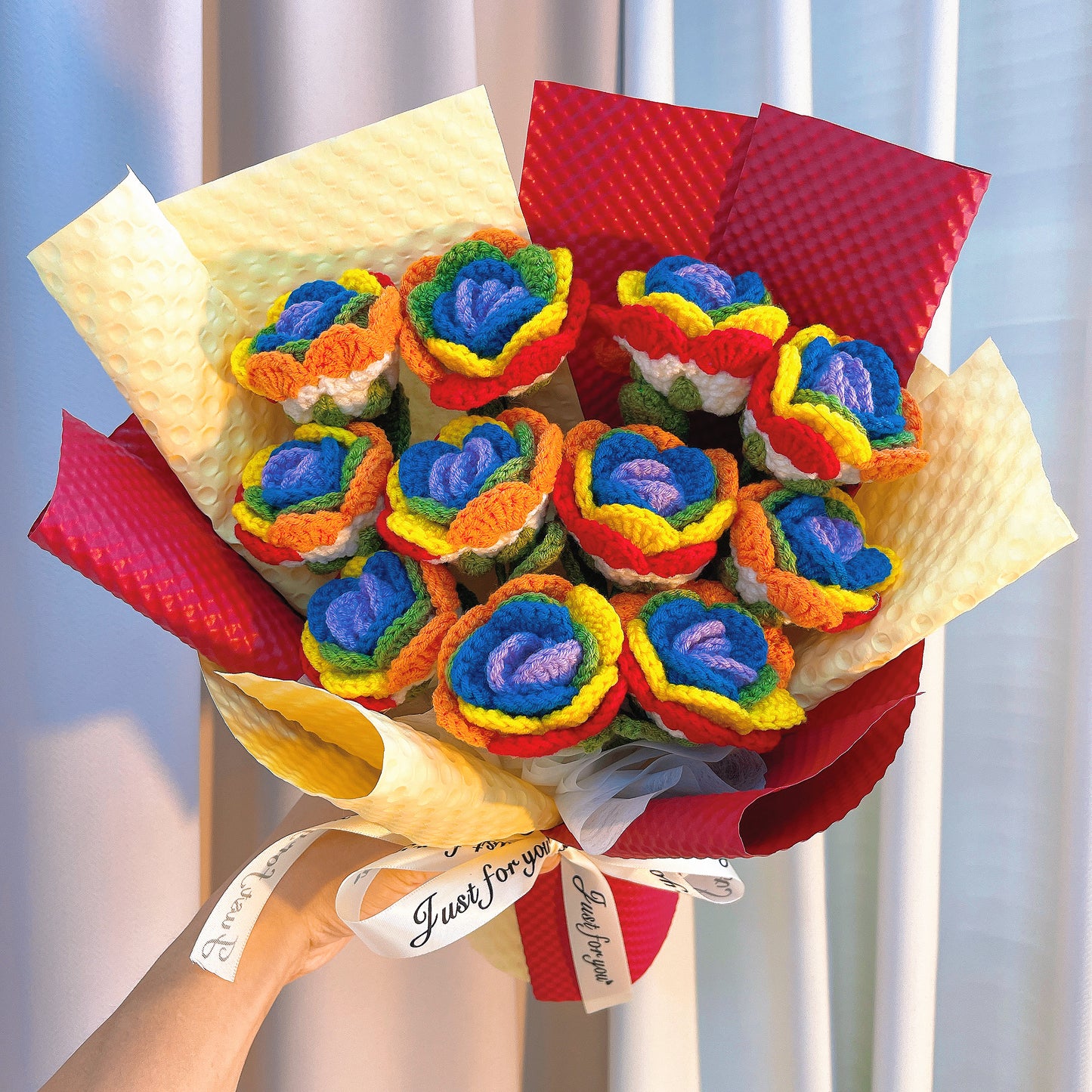 Handmade Crochet Multicolor Rose Bouquet, 11-Stem Allergy-Free Forever Flowers Valentine's, Mother's Day, Anniversary, Home Decor