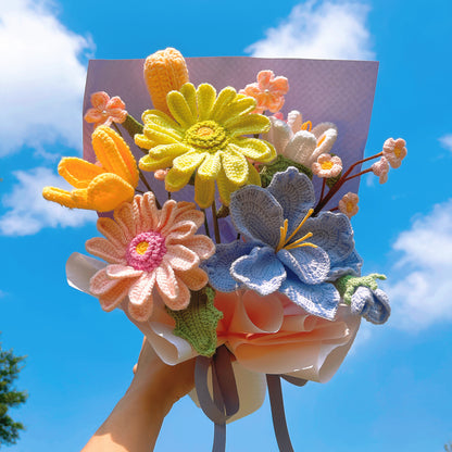 Handmade Crochet Flower Bouquet, Yellow & Pink African Daisies with Tulips Peach Blossom & Lisianthus, Realistic Faux Plant for Home Decor, Allergy-Free Gift for Her Mom Sister, Birthday Valentine's Day Spring Gift - The Bloom Crafter