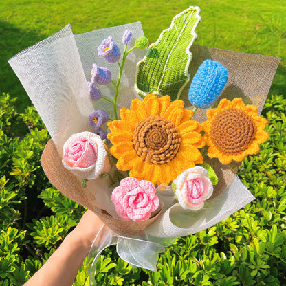 Crochet Flower Beauty Bouquet - Sunflower Light Purple Lily of The Valley Tulip Bud Rose - Hypoallergenic Wedding, Home Decor, Mother's Day Gift
