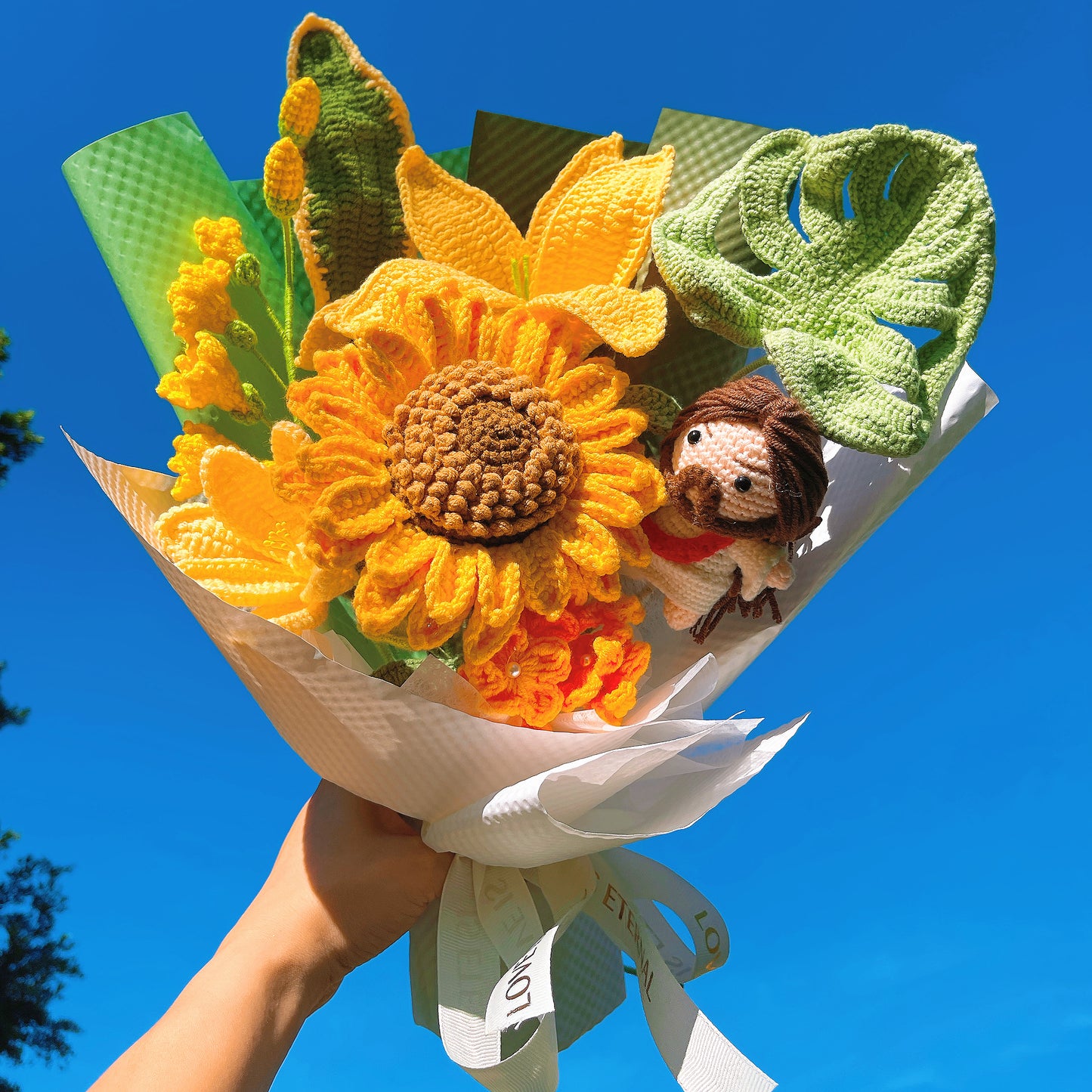 Hand-Crochet Christian Baptism Bouquet - Hypoallergenic Artificial Yellow Lily, Sunflower, Tulip, Forget-Me-Not Floral Arrangement Gift Ideas for Church, Easter, Christmas
