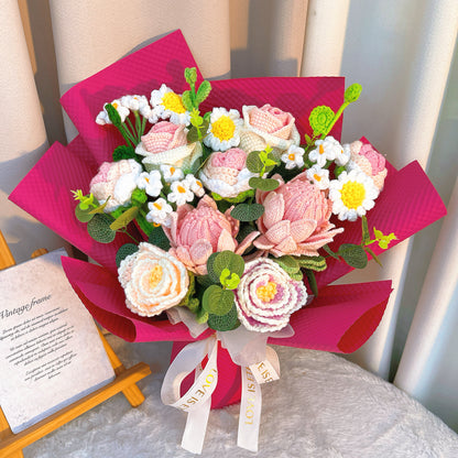 Large Handmade Crochet Flower Bouquet - Arrangement with Protea, Peony, Roses, Daisies - Allergy-Free Artificial Floral Gift for Wedding, Anniversary, Home Decor, Birthday, Valentine's Day