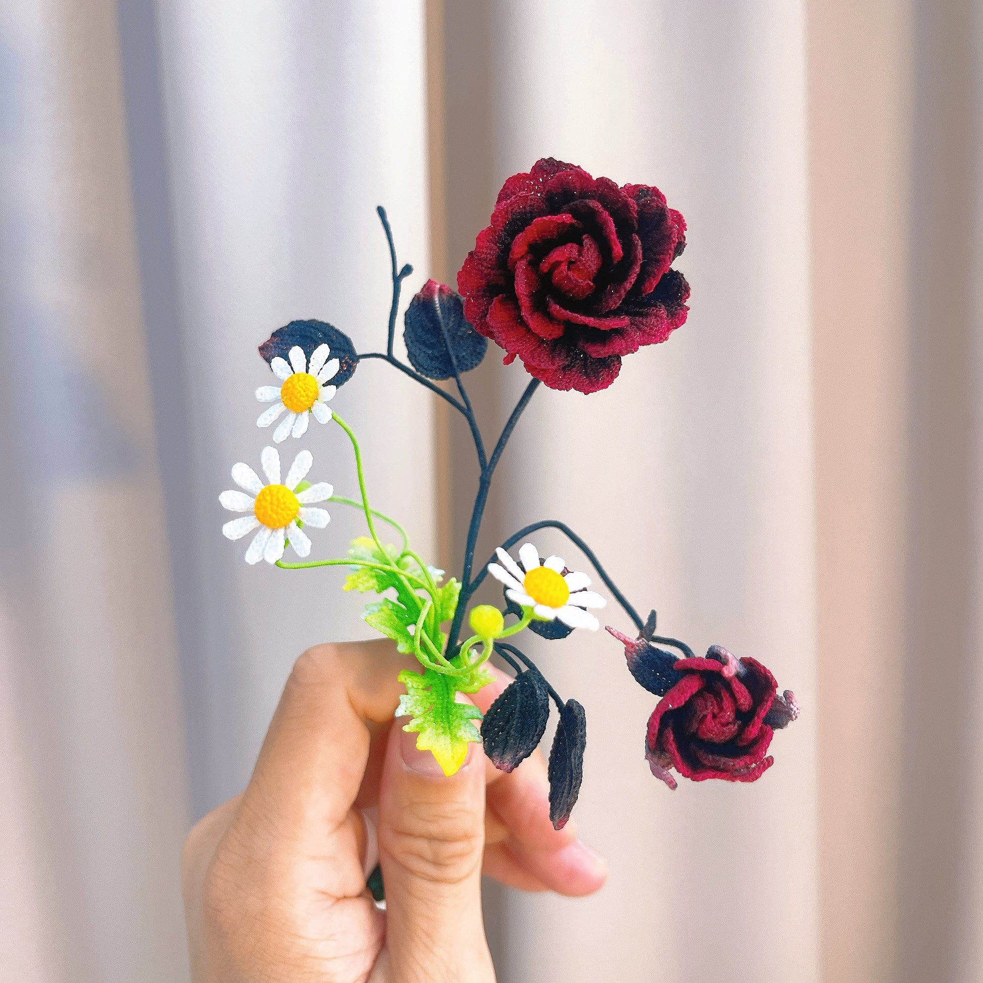 [Limited] Handmade Micro Crochet Red Black Burgundy Rose Arrangment with White Daisies in Vase, Miniature One-of-a-Kind Textile Art Artificial Yarn Flowers for Home Office Table Decor - The Bloom Crafter