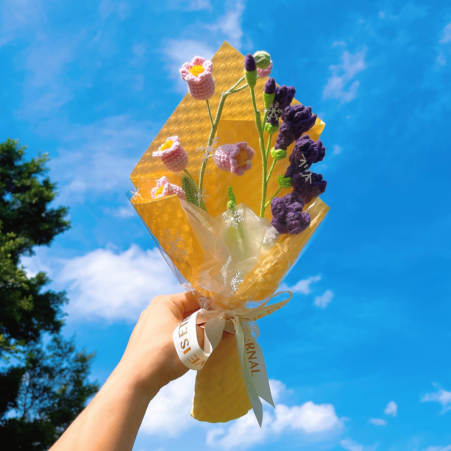 Handmade Crochet Flower Bouquet – Pink Lily of the Valley & Deep Purple Freesia Allergy-Free Fake Flowers for Home Decor, Wedding, Anniversary, Mother’s Day, Valentine’s Day, Graduation, or Get Well Gift – Eternal Artificial Floral Arrangement - The Bloom Crafter