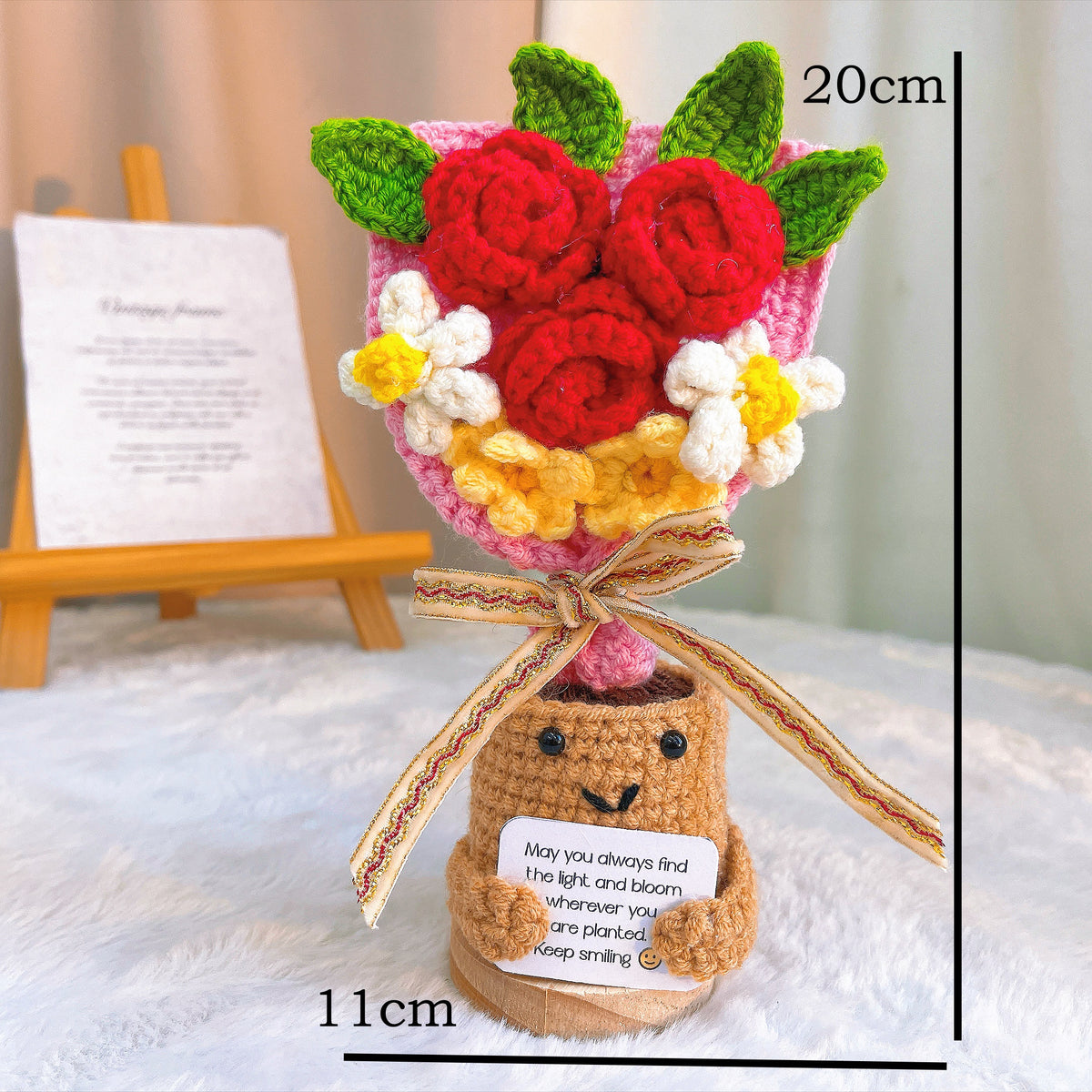 Crochet Rose Daisy Bouquet in Pot with Customizable Message | Handmade Rose Pink Crochet Flower Arrangement with Red Roses, Gift for Birthday, Graduation, Mother's Day, Valentine's, Anniversary