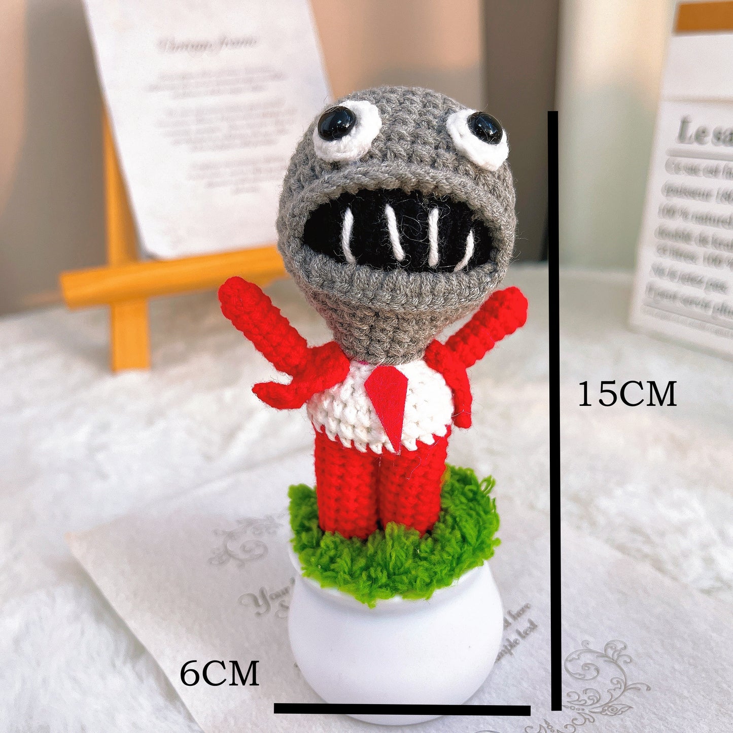 Handmade Crochet Zombie Planter - Red Suit & Tie Open-Arms Zombie in White Pot , Quirky Hypoallergenic Desk Decor, Perfect for Halloween, Gamer Gifts & Fun Office Decor