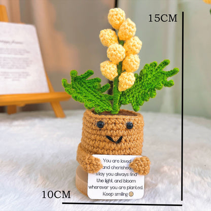 Handmade Crochet Golden Wattle Potted Plant with Wooden Base, Australian Wattle Decor with Custom Card | Yellow Pom-Pom Yarn Flower | Gift for Birthday, Mother's Day, Graduation, Housewarming, Get Well Soon