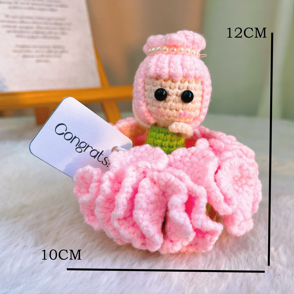 Handmade Crochet Carnation Fairy with Wooden Base and Custom Text |Flower Fairy w/ Custom Card "Congrats!", Gift for Graduation, Birthday, Mother's Day, New Job